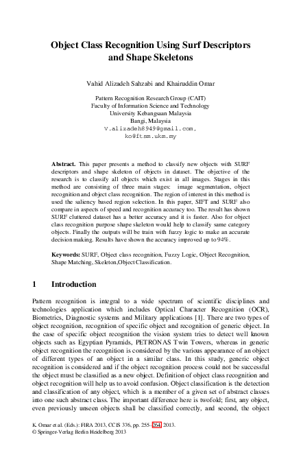 (PDF) Object Class Recognition Using Surf Descriptors and Shape Skeletons