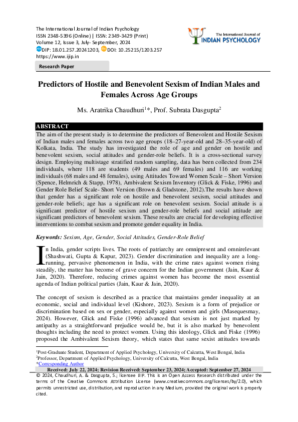 (PDF) Predictors of Hostile and Benevolent Sexism of Indian Males and ...