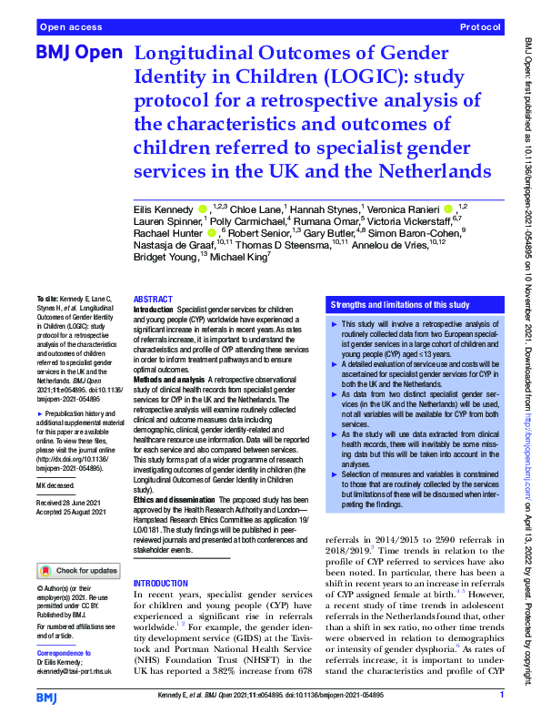 (PDF) Longitudinal outcomes of gender identity in children (LOGIC): a ...