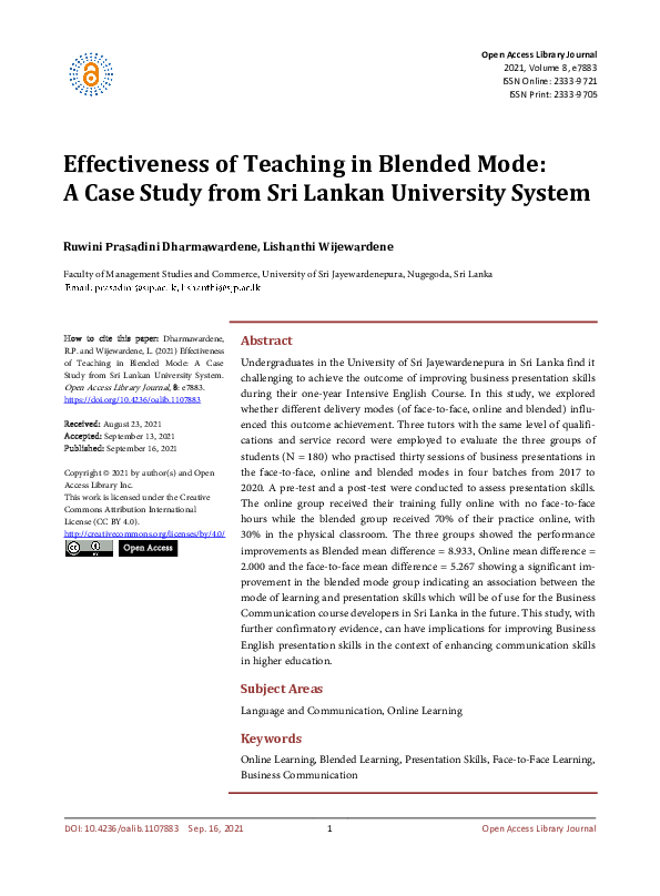 (PDF) Effectiveness of Teaching in Blended Mode: A Case Study from Sri ...