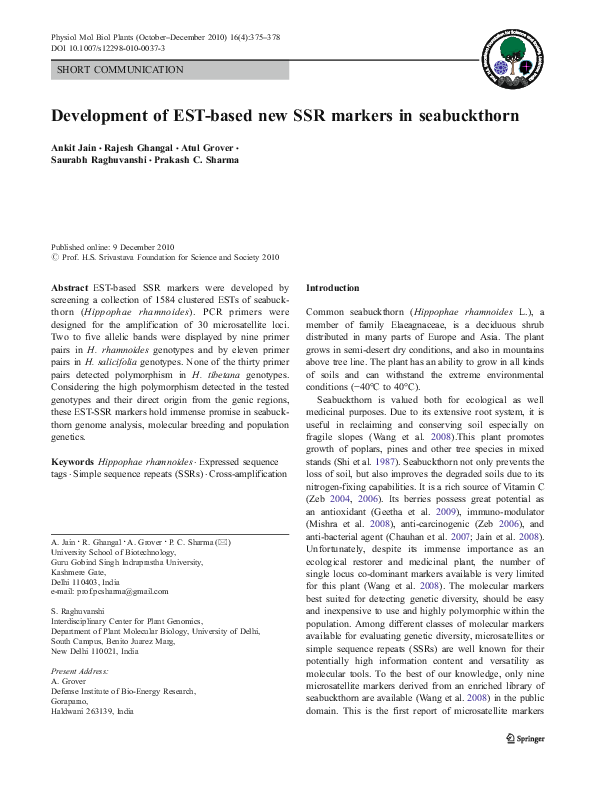 (PDF) Development of EST-based new SSR markers in seabuckthorn
