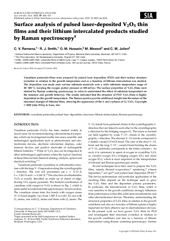 (PDF) Surface analysis of pulsed laser‐deposited V2O5 thin films and ...