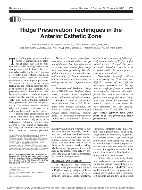 (PDF) Ridge Preservation Techniques in the Anterior Esthetic Zone