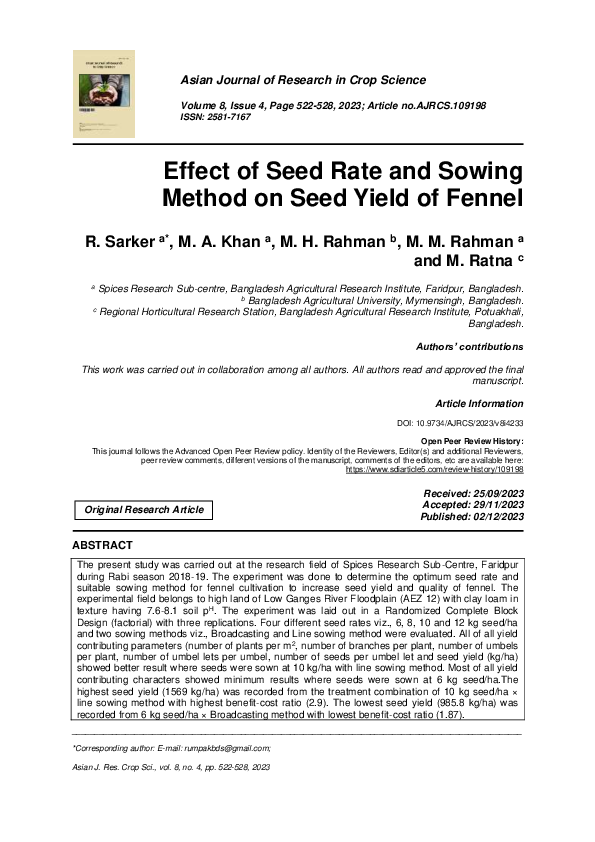 (PDF) Effect of Seed Rate and Sowing Method on Seed Yield of Fennel