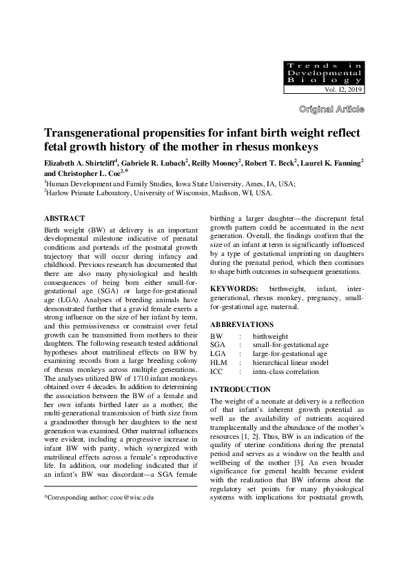(PDF) Transgenerational propensities for infant birth weight reflect ...