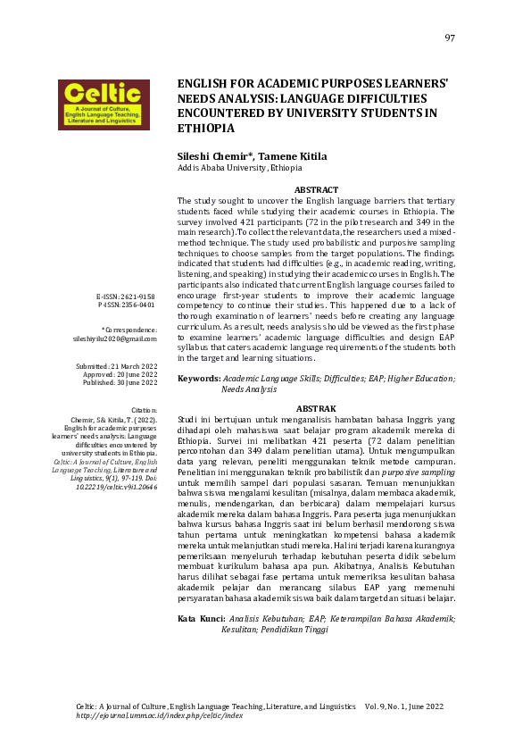 (PDF) English for Academic Purposes Learners' Needs Analysis: Language ...