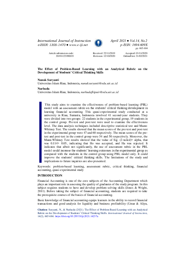 (PDF) The Effect of Problem-Based Learning with an Analytical Rubric on ...