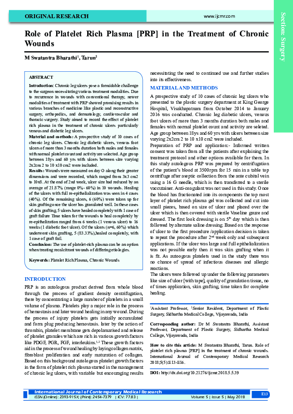 (PDF) Role of Platelet Rich Plasma [PRP] in the Treatment of Chronic Wounds