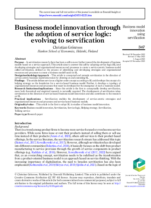(PDF) Business model innovation through the adoption of service logic ...