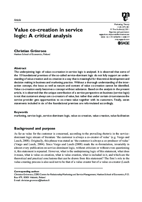 (PDF) Value co-creation in service logic: A critical analysis