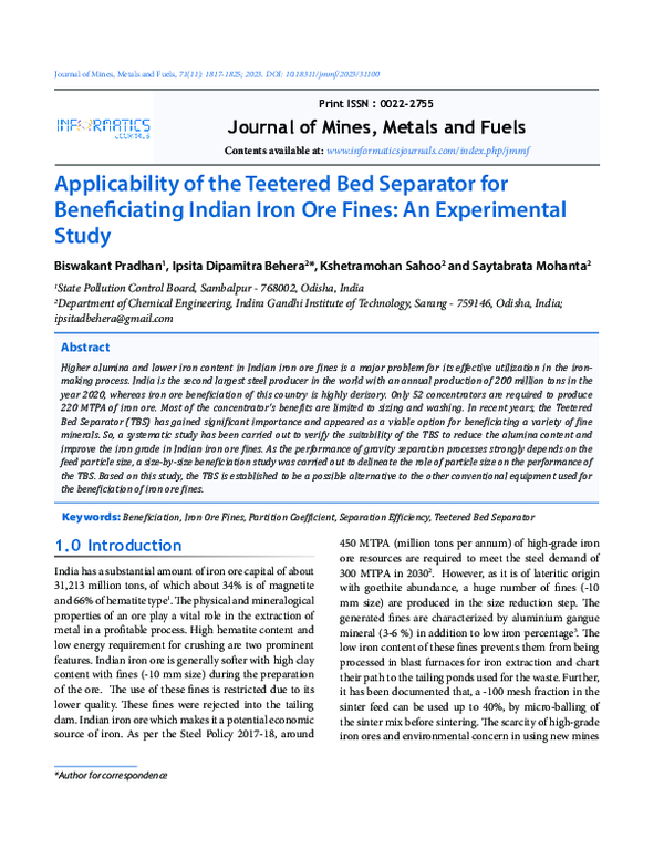 (PDF) Applicability of the Teetered Bed Separator for Beneficiating ...