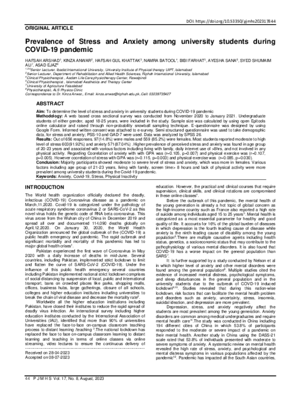 (PDF) Prevalence of stress and anxiety among university students during ...