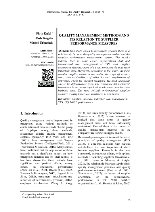 (PDF) Quality Management Methods and Its Relation to Supplier ...