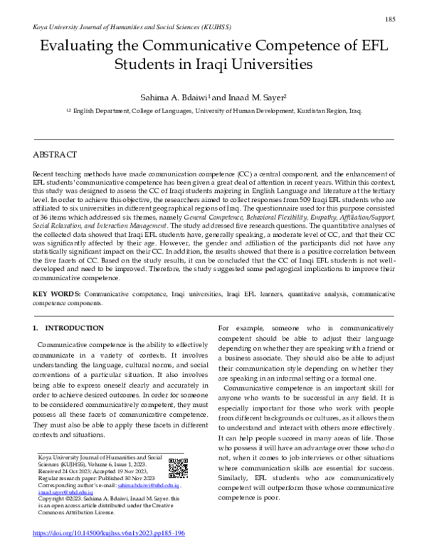 (PDF) Evaluating the Communicative Competence of EFL Students in Iraqi ...