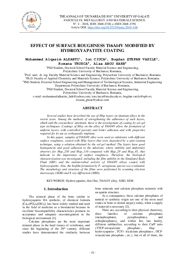 (PDF) Effect of Surface Roughness Ti6Al4V Modified by Hydroxyapatite ...