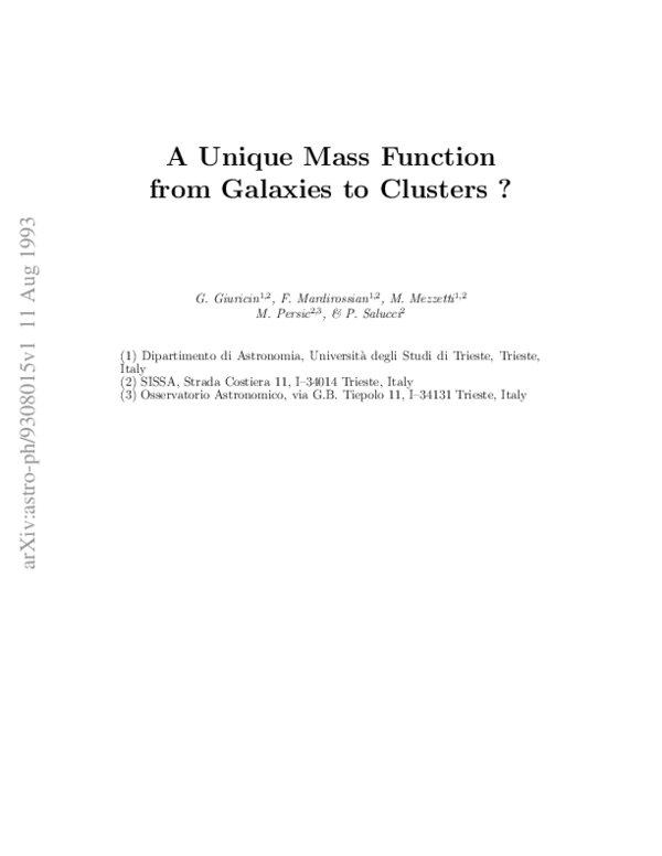 (PDF) A Unique Mass Function from Galaxies to Clusters