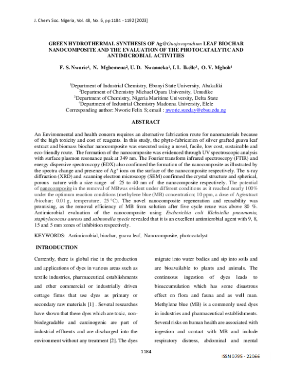 (PDF) GREEN HYDROTHERMAL SYNTHESIS OF Ag@Guajavapsidium LEAF BIOCHAR ...