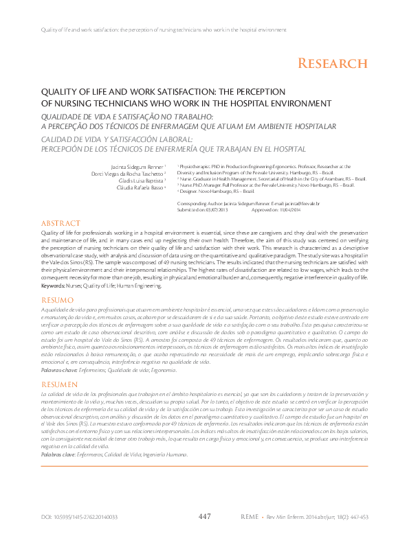 (PDF) Quality of Life and Work Satisfaction: The Perception of Nursing ...