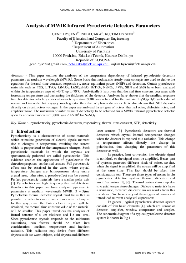 (PDF) Analysis of MWIR infrared pyroelectric detectors parameters