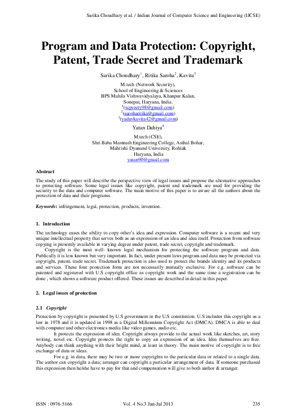 (PDF) Program and Data Protection: Copyright, Patent, Trade Secret and ...