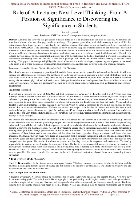 (PDF) Role of A Lecturer: Next Level Thinking-From A Position of ...
