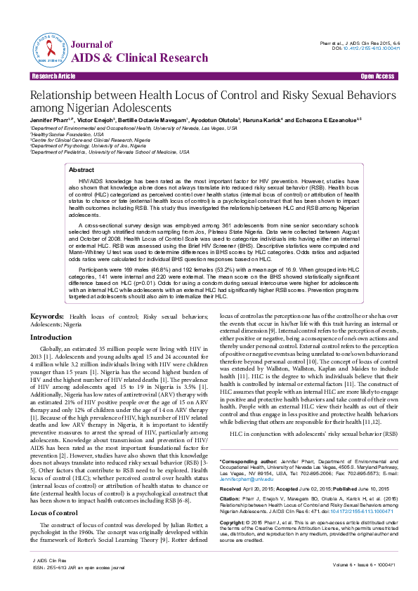 (PDF) Relationship between Health Locus of Control and Risky Sexual ...