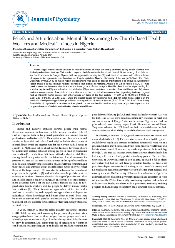 (PDF) Beliefs and Attitudes about Mental Illness among Lay Church-Based ...