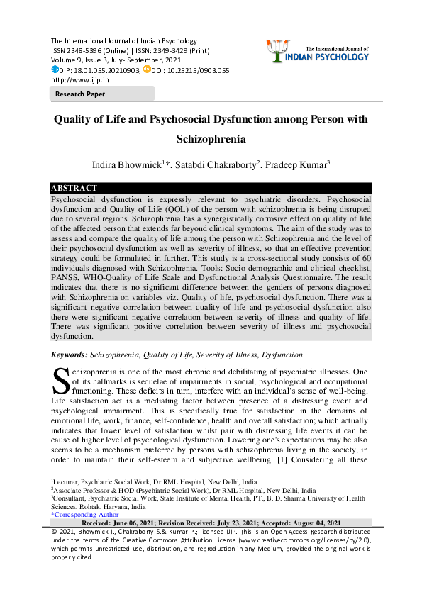 (PDF) Quality of Life and Psychosocial Dysfunction among Person with ...