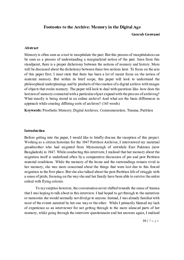 (PDF) Footnotes to the Archive: Memory in the Digital Age