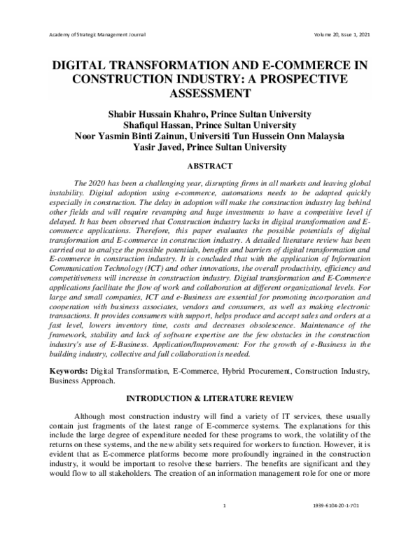 (PDF) Digital Transformation and E-Commerce in Construction Industry: A ...
