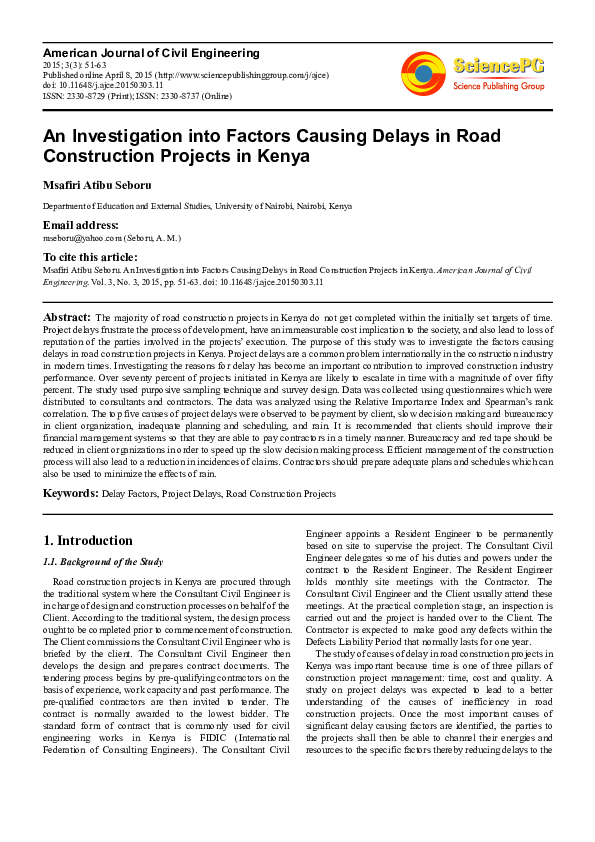 (PDF) An Investigation into Factors Causing Delays in Road Construction ...
