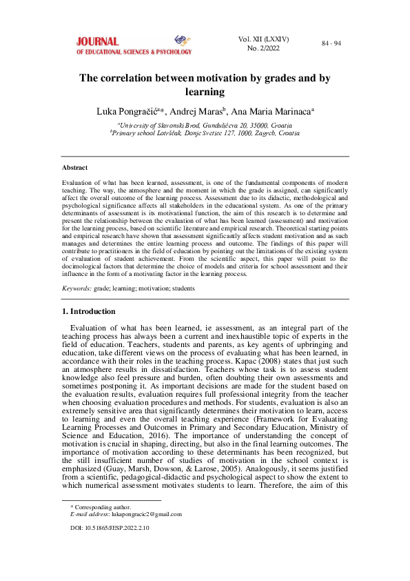 (PDF) The correlation between motivation by grades and by learning