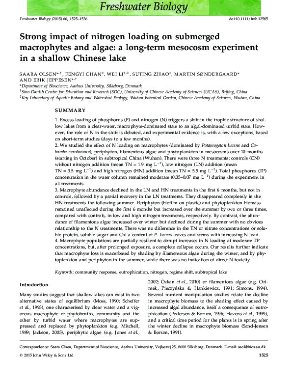 (PDF) Strong impact of nitrogen loading on submerged macrophytes and ...