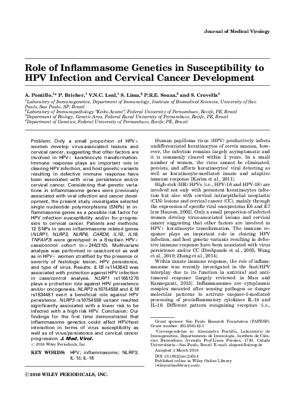 (PDF) Role of inflammasome genetics in susceptibility to HPV infection ...
