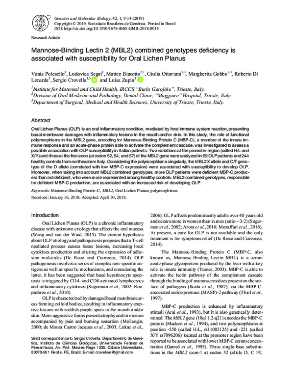 (PDF) Mannose-Binding Lectin 2 (MBL2) combined genotypes deficiency is ...