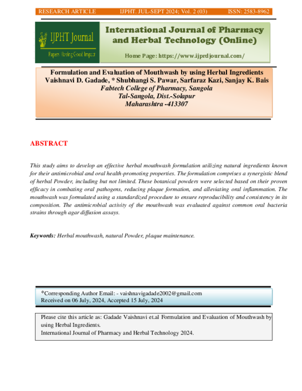 (PDF) Formulation and Evaluation of Mouthwash by using Herbal Ingredients