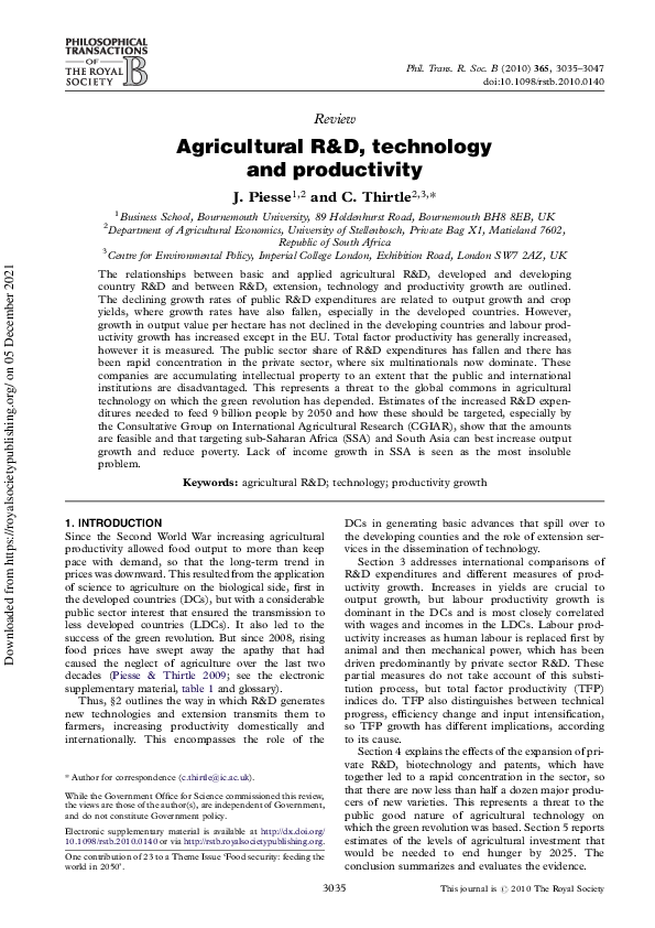 (PDF) One con world in Agricultural R & D , technology and productivity