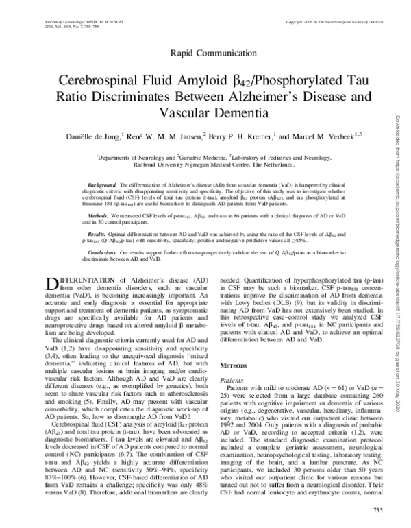 (PDF) Cerebrospinal Fluid Amyloid ss42/Phosphorylated Tau Ratio ...