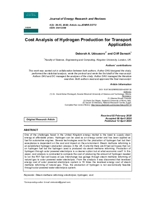 (PDF) Cost Analysis of Hydrogen Production for Transport Application