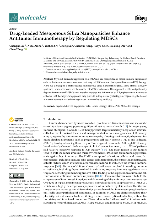 (PDF) Drug-Loaded Mesoporous Silica Nanoparticles Enhance Antitumor ...