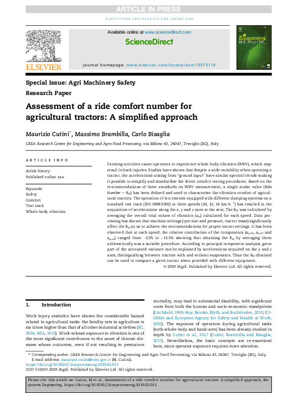 (PDF) Assessment of a ride comfort number for agricultural tractors: A ...