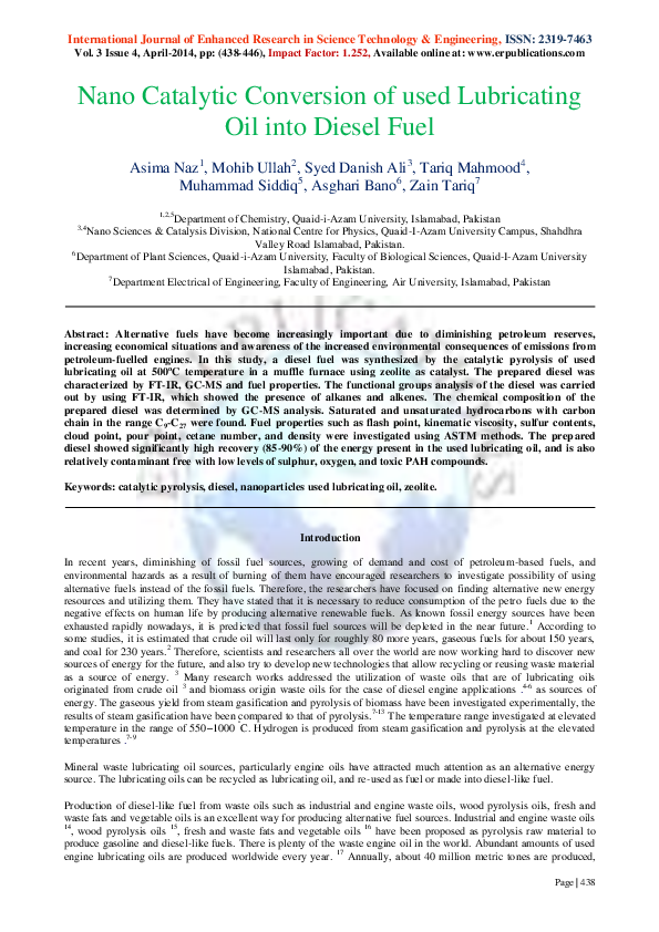 (PDF) Nano Catalytic Conversion of Used Lubricating Oil into Diesel Fuel