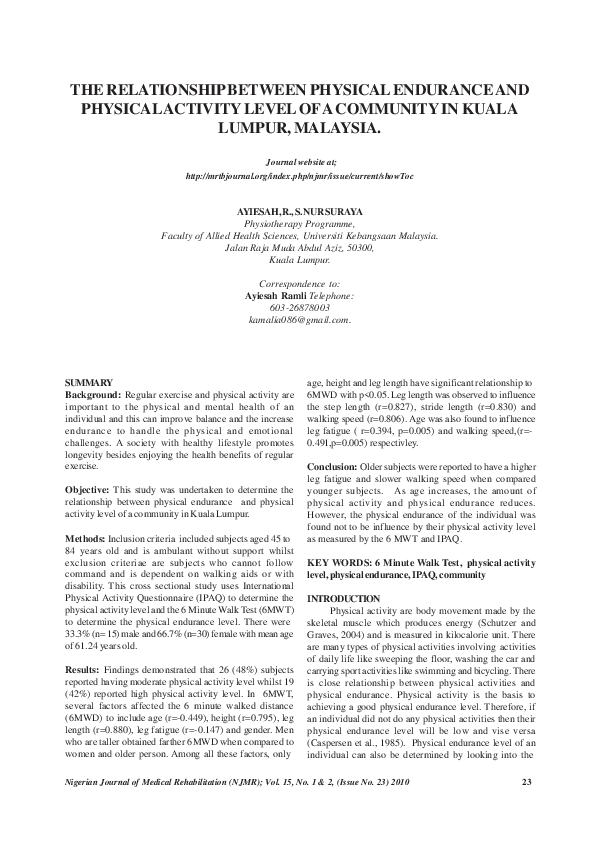 (PDF) The Relationship Between Physical Endurance and Physical Activity ...
