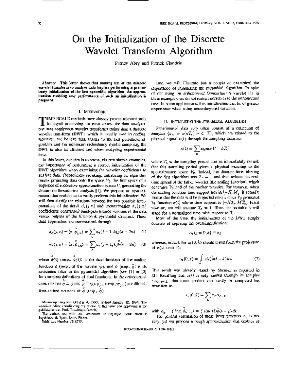 (PDF) On the initialization of the discrete wavelet transform algorithm