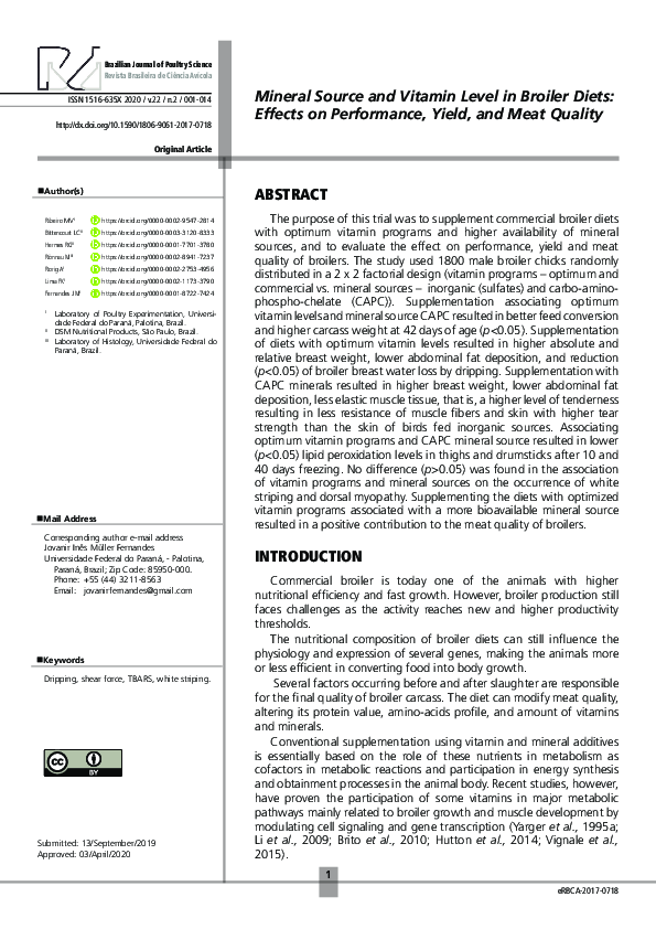 (PDF) Mineral Source and Vitamin Level in Broiler Diets: Effects on ...