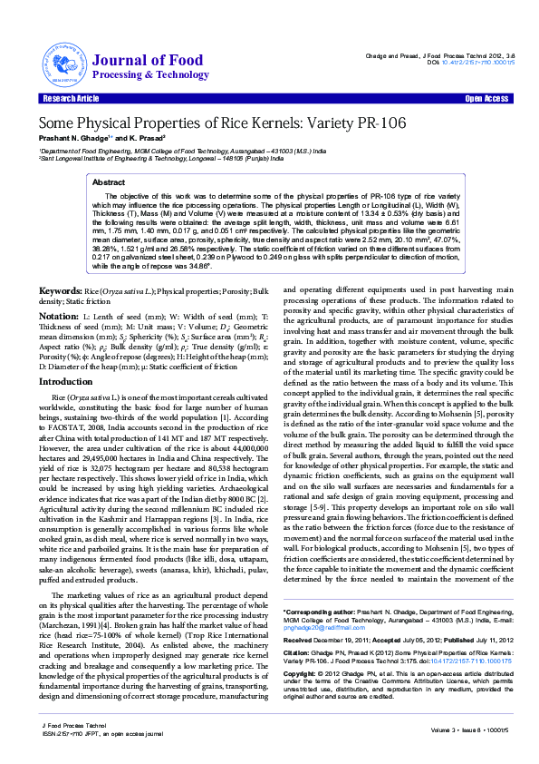 (PDF) Some Physical Properties of Rice Kernels: Variety PR-106
