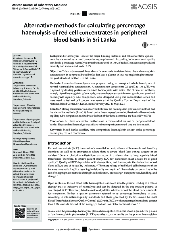 (PDF) Alternative methods for calculating percentage haemolysis of red ...