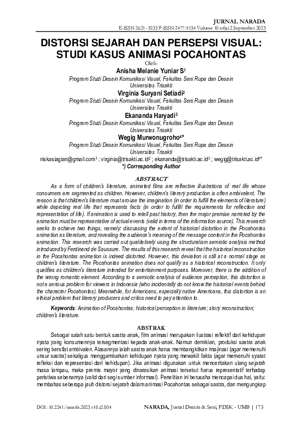 (PDF) Distorsi Sejarah Dan Persepsi Visual: Studi Kasus Animasi Pocahontas