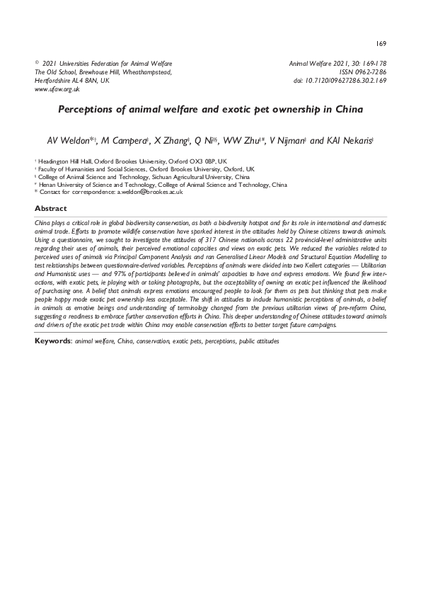 (PDF) Perceptions of animal welfare and exotic pet ownership in China