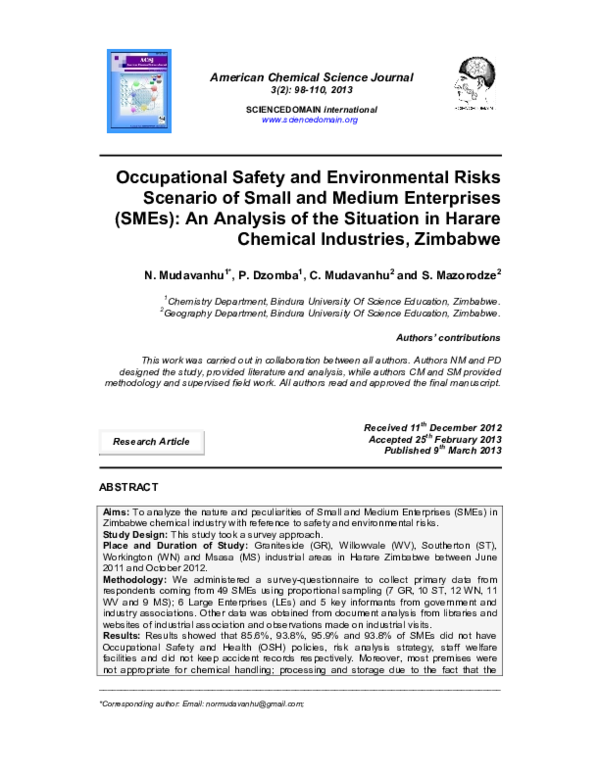 (PDF) Occupational Safety and Environmental Risks Scenario of Small and ...